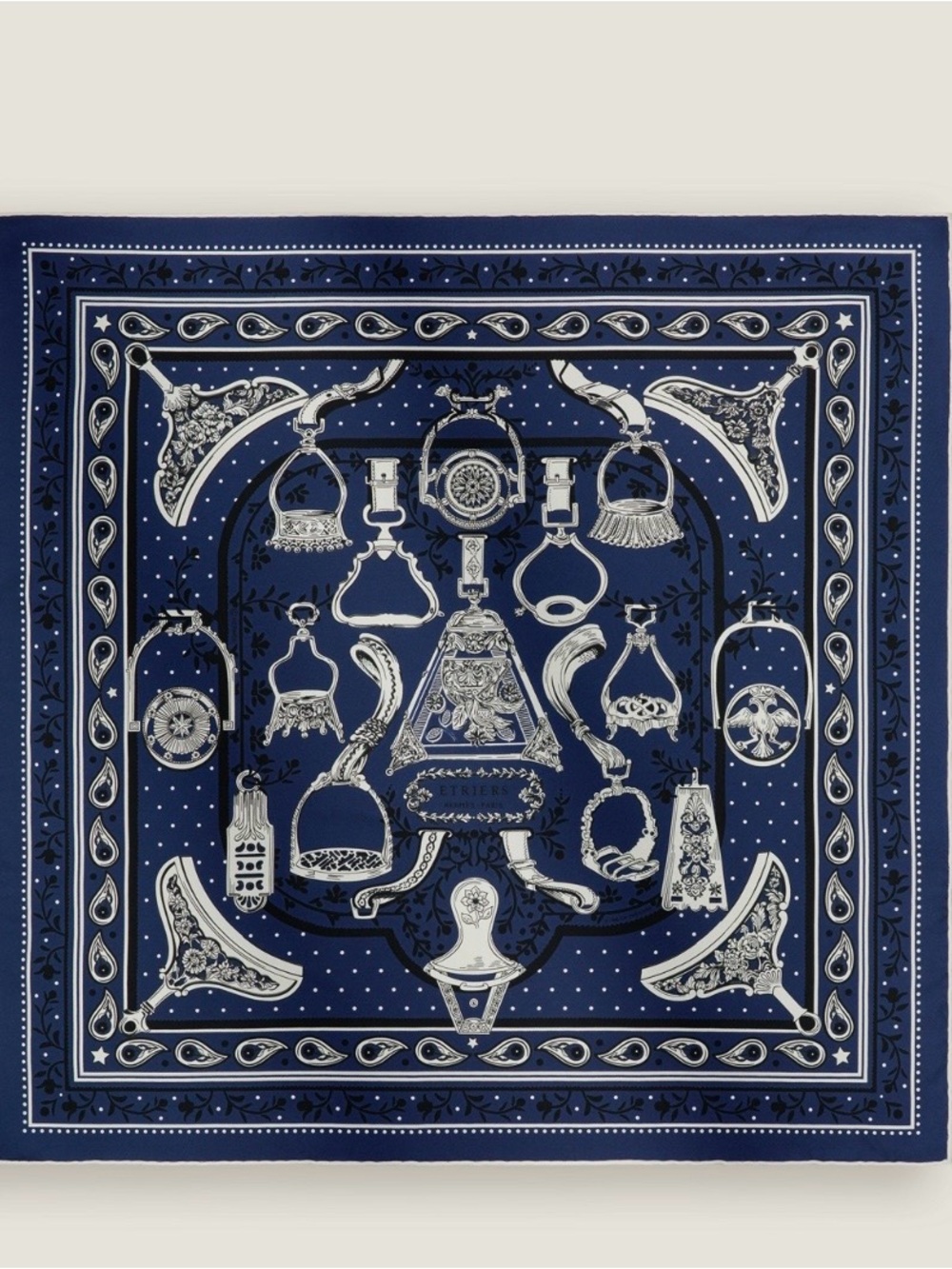 Hermes Navy Blue and White Equestrian Print Silk Scarf Etriers Remix bandana 55